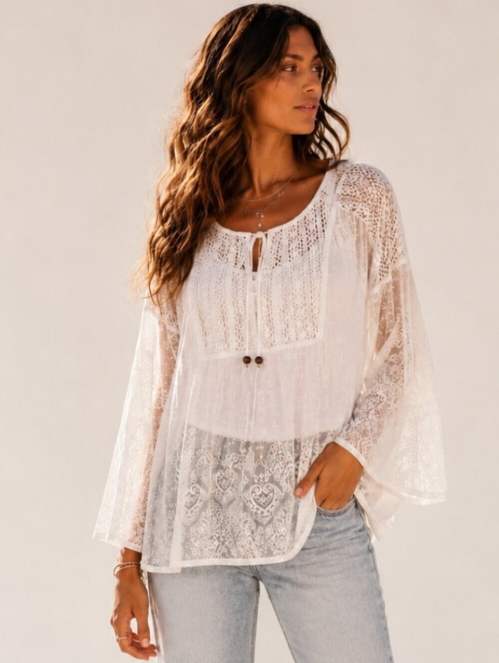 Figueroa & Flower Sheer Lace Boho Tunic Top Blouse Large EUC